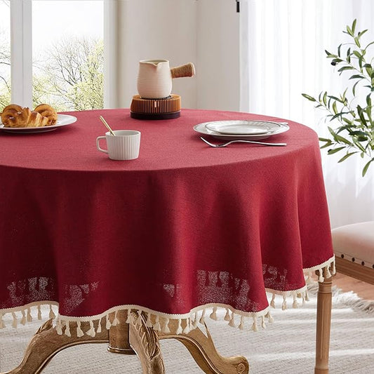 Linen Tablecloth with Tassels, Farmhouse Style Burgundy Tablecloth, Water Resistant Burlap Tablecloths for Round Table, 60 Inch Round Burgundy
