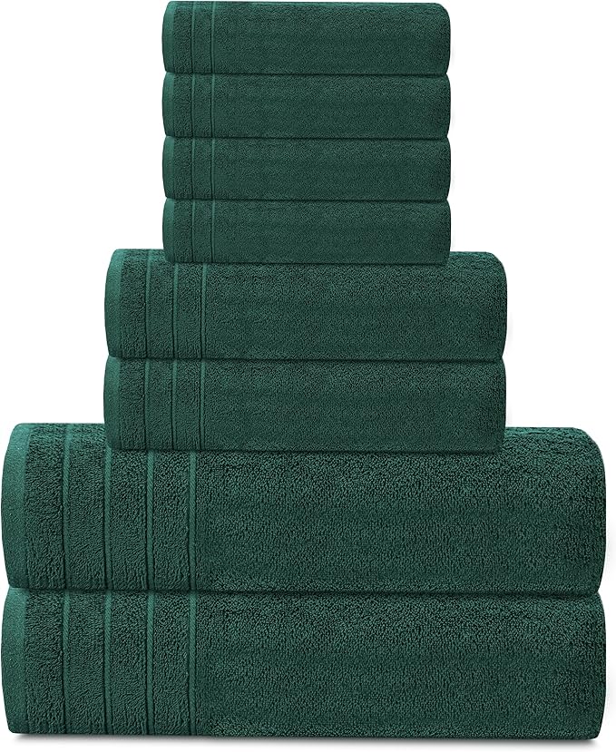 Tens Towels Pack of 8 Towels Set, 2 Extra Large Bath, 2 Hand, 4 Washcloths, 100% Cotton, Lighter Weight, Quicker to Dry, Super Absorbent, Perfect for Bathroom, Hunter Green