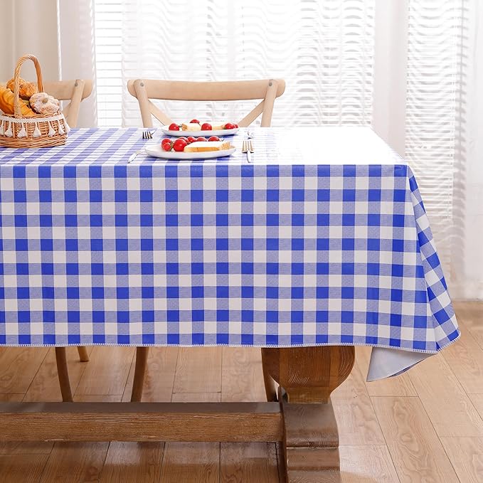 Heavy Duty Vinyl Tablecloth with Flannel Backing Waterproof Oil-Proof Plastic Table Cloth Stain-Resistant Wipeable Rectangle or Square Table Cover for Indoor and Outdoor (Blue Checkered, 60x102 Inch)