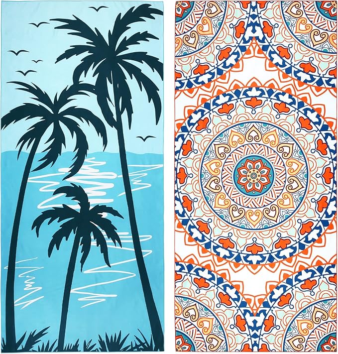 2 Pack Oversized Microfiber Beach Towel, 75'x 35', Sand-Free, Quick Drying, Super Absorbent