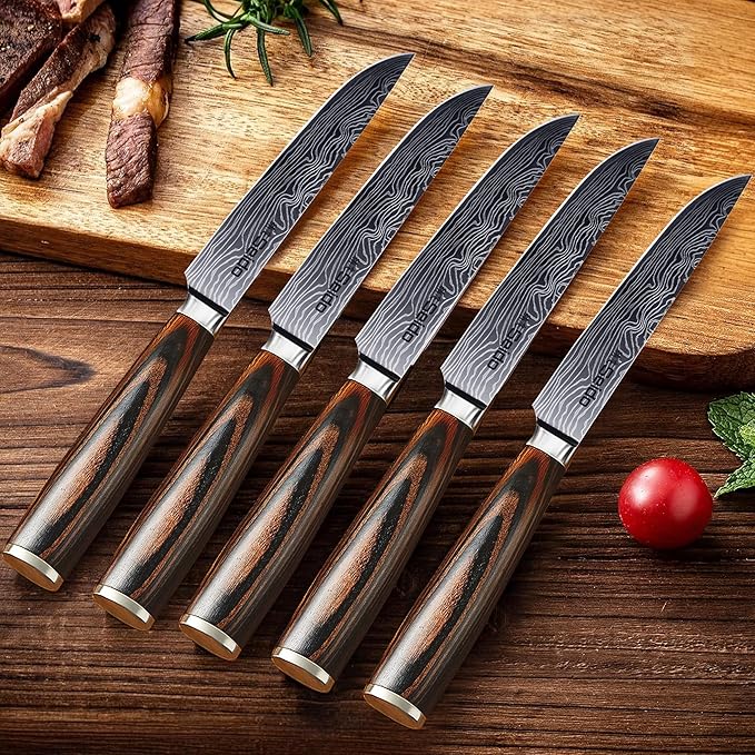 Seido Knives 5-Piece Straight-Edge Steak Knives Set - Full Tang with Ergonomic Pakkawood Handles, Stainless Steel Blades with Damascus Etching