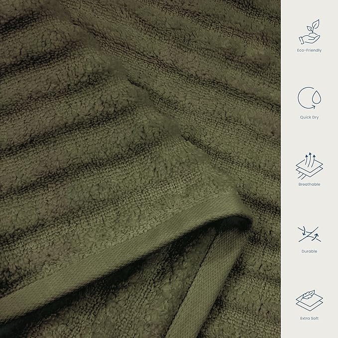 Blue Loom Ribbed Bath Sheet & Towel, 100% Cotton 600 GSM, Soft Absorbent Durable Quick Drying Bath Sheet & Bath Towel Set for Bathroom - Mason Set of 2 Moss Green (65" x 45" & 58" x 30")