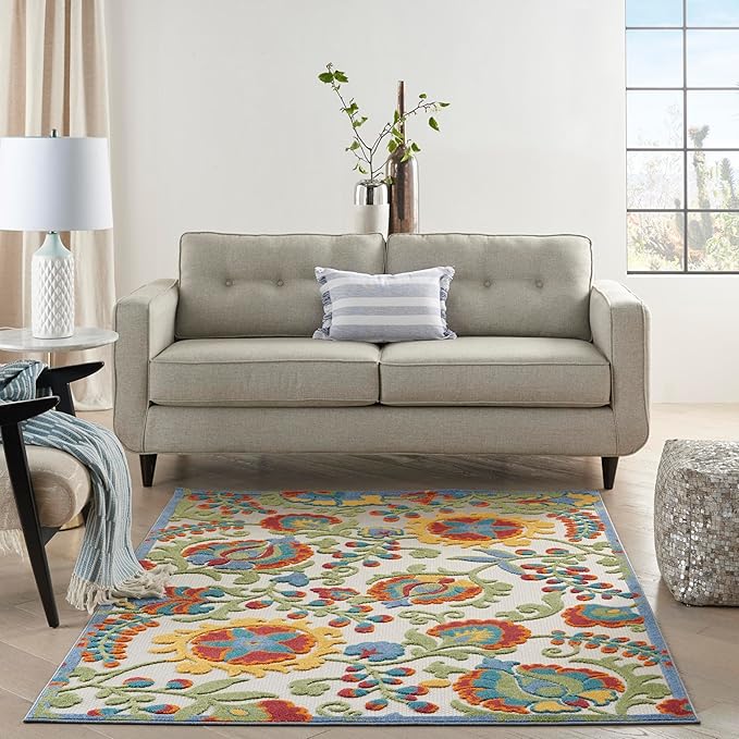 Nourison Home Aloha Ivory Multicolor 6' x 9' Area Rug - Easy Clean, Non Shedding, Bed Room, Living Room, Dining Room, Kitchen (6' x 9')