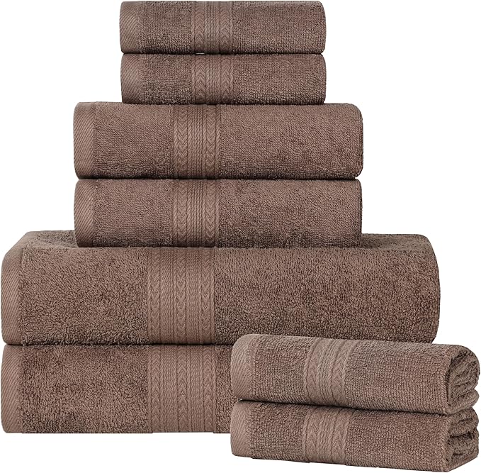 Superior Eco-Friendly Cotton 8-Piece Towel Set, Bathroom, Shower, Quick Dry Home Essentials, Lightweight, Sustainable Towels, 2 Bath, 2 Hand, 4 Face Towels, Washcloth, Highly Absorbent, Coffee