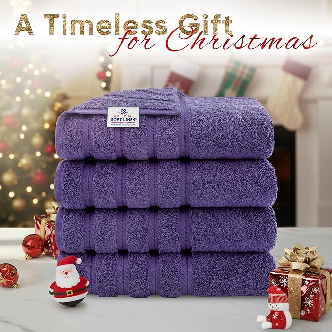 American Soft Linen Luxury 4 Piece Bath Towel Set, 600 GSM 100% Cotton Turkish Bath Towels for Bathroom, 27x54 in Extra Large Bathroom Shower Towels, Purple
