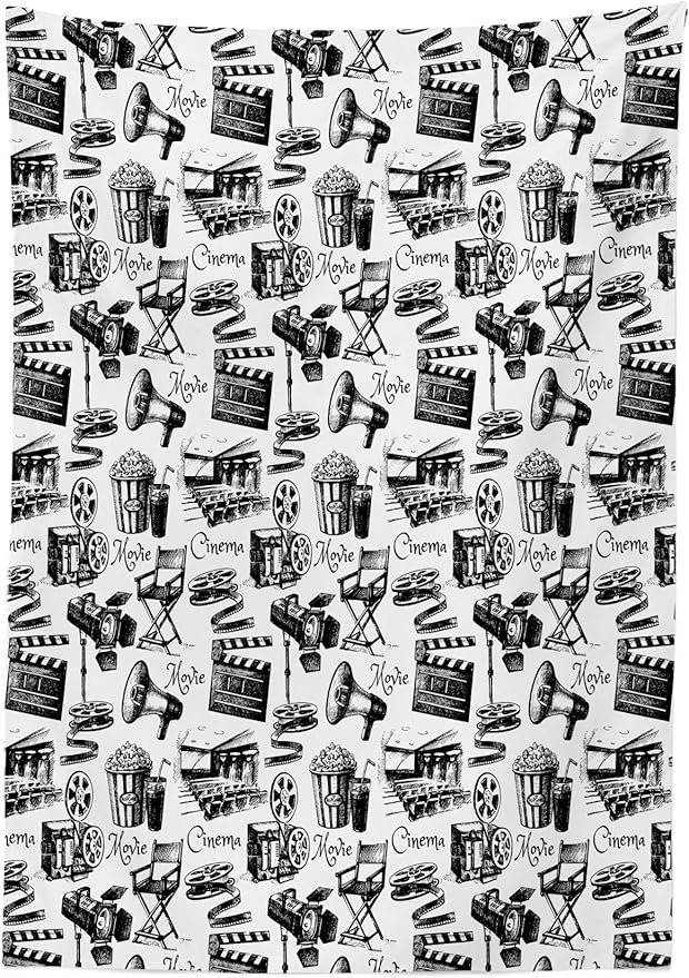 Ambesonne Movie Tablecloth, Vintage Film Cinema Motion Camera Action Record Graphic Style Print, Rectangular Table Cover for Dining Room Kitchen Decor, 60" X 84", White Black