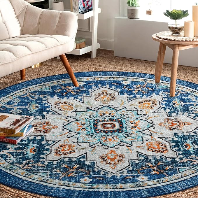 Easy-Going Round Rug 6ft Area Rug Washable Boho Circle Rugs for Living Room Non-Slip Bedroom Rug Low Pile Lightweight Tangerine Vintage Throw Rug for Dining Room Kitchen Office, Floral Aqua Yellow