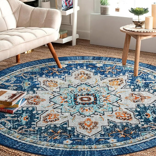 Easy-Going Round Rug 6ft Area Rug Washable Boho Circle Rugs for Living Room Non-Slip Bedroom Rug Low Pile Lightweight Tangerine Vintage Throw Rug for Dining Room Kitchen Office, Floral Aqua Yellow