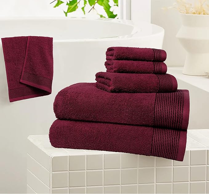 Belizzi Home 100% Cotton Ultra Soft 6 Pack Towel Set, Contains 2 Bath Towels 28x55 inchs, 2 Hand Towels 16x24 inchs & 2 Washcloths 12x12 inchs, Compact Lightweight & Highly Absorbant - Burgundy