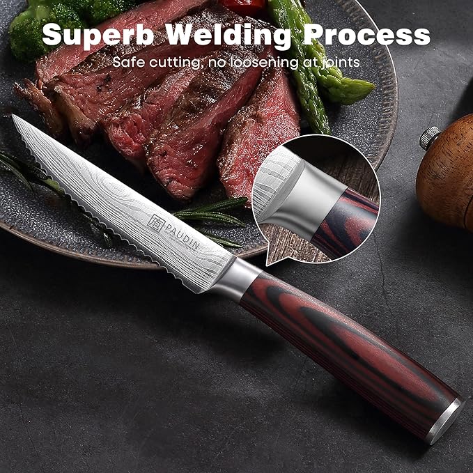 PAUDIN Steak Knives 4.5 Inch, Steak knives Set of 8, High Carbon Stainless Steel Steak Knife Set, Sharp Serrated Steak Knife with Pakkawood Handle, Kitchen Steak Knives with Gift Box