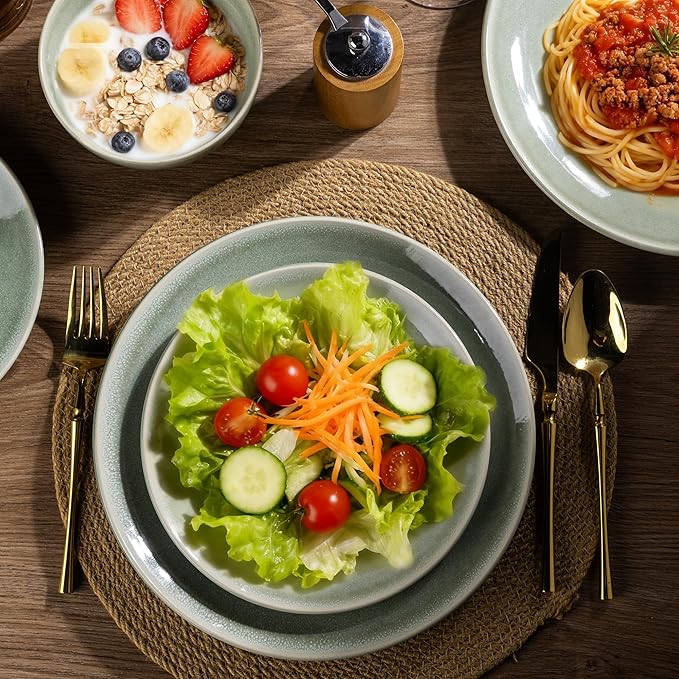 AmorArc Ceramic Dinnerware Sets for 8, 24 Pieces Handpainted Plates and Bowls Set, Scratch Resistant Stoneware Dishes Set, Dishwasher & Microwave Safe, Olive Green