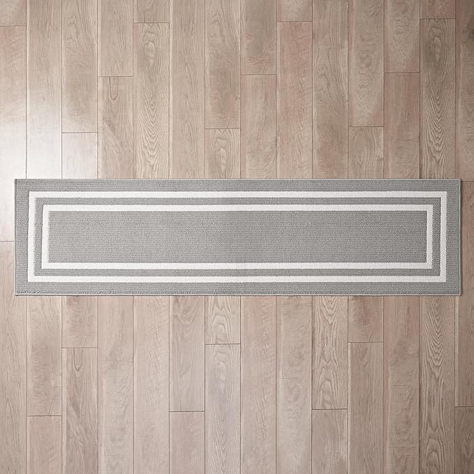 Nautica – Runner Rug | Indoor Runners for Hallways and Entry Rugs| Non-Slip and Non-Skid Entry and Kitchen Door Mat| Machine Washable Entryway Carpet Rugs | 2'6" x 10' | Double Border Light Grey