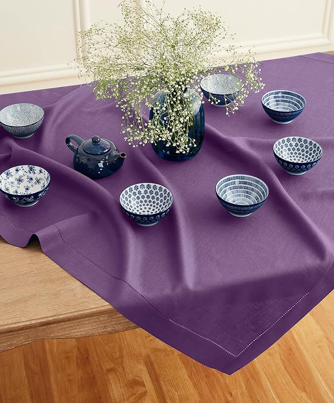 Solino Home Square Linen Tablecloth 52 x 52 Inch - 100% Pure Linen Purple Table Throw - Classic Hemstitch, Machine Washable Table Cloth for Valentines, New Year