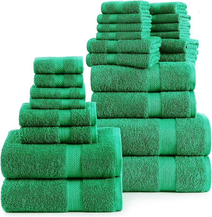 LANE LINEN Bath Towel Set - 24 PCs - Durable, Absorbent, Soft & Quick Dry - 100% Ring Spun Cotton Towels Set - 4 Bath, 4 Fingertip, 6 Hand Towel, 8 Washcloth, 2 Bath Sheet Set - Emerald