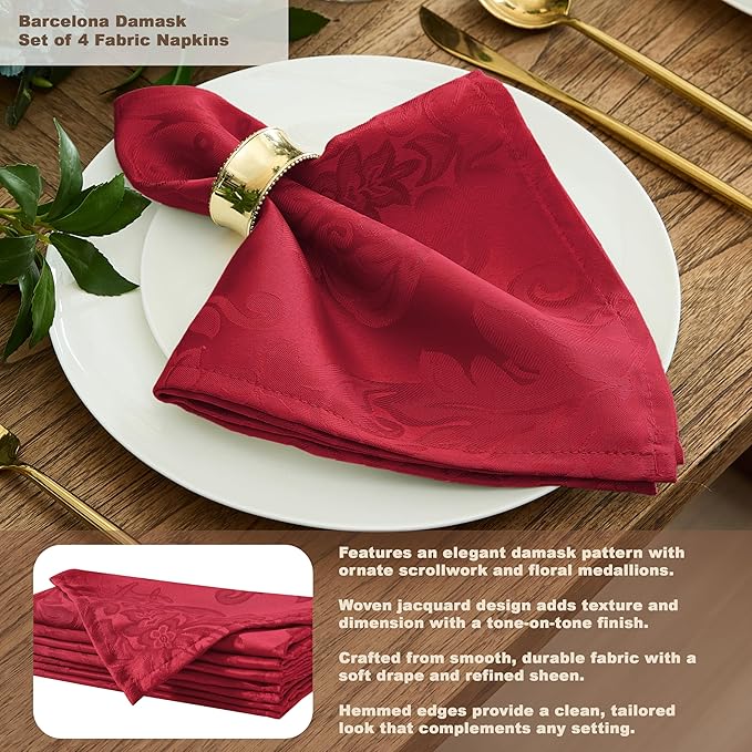 Newbridge Christmas Barcelona Damask Fabric Tablecloth, 60 x 102 Inch Rectangle, Red – No Iron, Soil Resistant Table Cover for Dining, Parties and Holidays