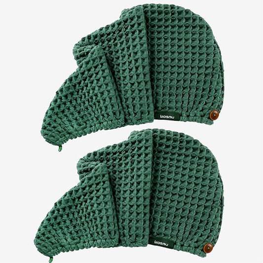 100% Organic Cotton Hair Drying Waffle Towel Wrap for Women | Absorbent & Quick Dry Head Turban for Wet Hair in Shower Sauna Spa, Extra Large for Long Straight Curly Plopping Button (Green, 2 PACK)