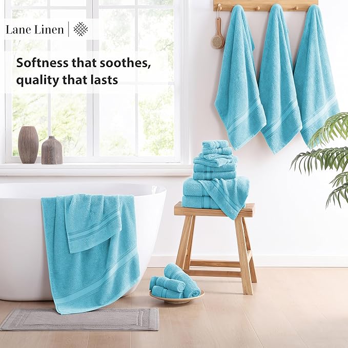 LANE LINEN Luxury 18-Piece Solid Cotton Bathroom Towel Set - 6 Bath Towels, 6 Hand Towels, 6 Wash Cloths - Blue