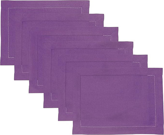 Solino Home Linen Cloth Placemats Set of 6-100% Pure Linen Hemstitch Purple Placemats 14 x 19 Inch - Classic Hemstitch Table Place Mats for Valentines, New Year