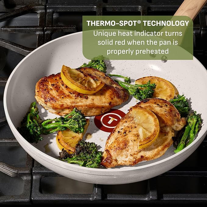 T-Fal Revive Ceramic Nonstick Cookware Set, Oven Safe Up to 350ºF, 12-Piece, Includes Stockpot, Saucepan, Skillet, Frying Pans, Utensils, Ceramic Pots and Pans Set, Beige Granite