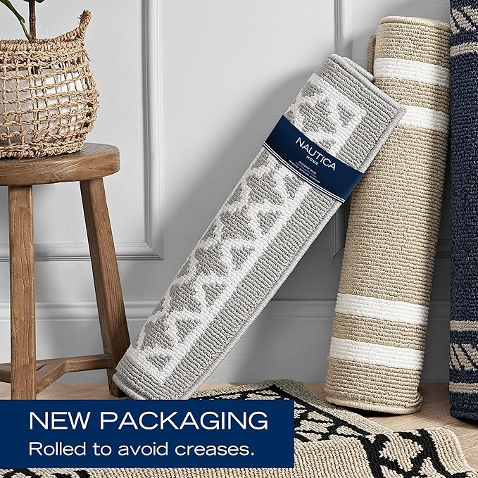 Nautica – Runner Rug | Indoor Runners for Hallways and Entry Rugs| Non-Slip and Non-Skid Entry and Kitchen Door Mat| Machine Washable Entryway Carpet Rugs |26” x 45” |Double Border Light Grey