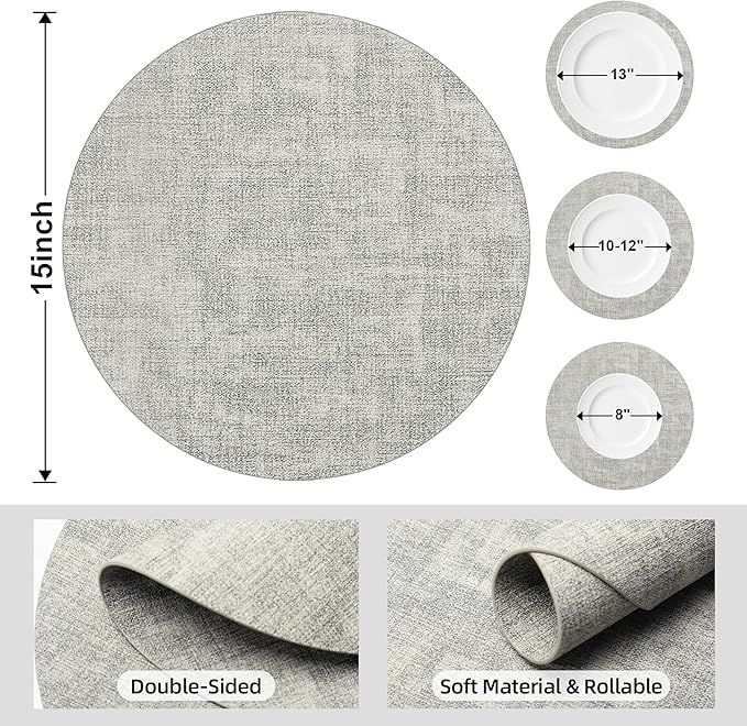 15 inch Faux Leather Round Placemats Set of 4 Non-Slip Washable Wipeable Table Mats, Heat Resistant Waterproof Oilproof Place Mats for Kitchen, Dining, Party, Indoor, Outdoor Beige