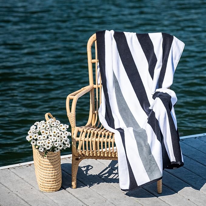 Laguna Beach Textile Co. Striped Cabana Oversized Beach Towel (Black & Gray)