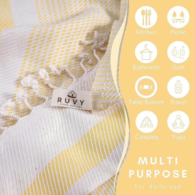 Ruvy Home Basics Turkish Hand Towels for Bathroom Set of 2 | 18"x40", Cotton | Decorative Towel for Bathroom, Kitchen, Dishcloth, Tea, Yoga, Face, Gym - Yellow