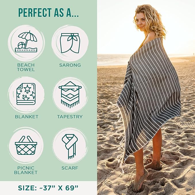 Sand Cloud Turkish Beach Towel - Sand Proof - 100% Certified Organic Turkish Towel - Quick Dry Towel for Beach, Picnic, Blanket or Bath Towel - As Seen on Shark Tank - Gocek (Black)