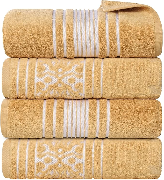 Superior Cotton Bath Towel Set, Large Plush Absorbent Body Towels, Luxury Soft Quick Drying, Shower, Spa, Hotel, Pool, Guest Bathroom, Home Essentials, Zero Twist, Assorted Design, Set of 4, Gold
