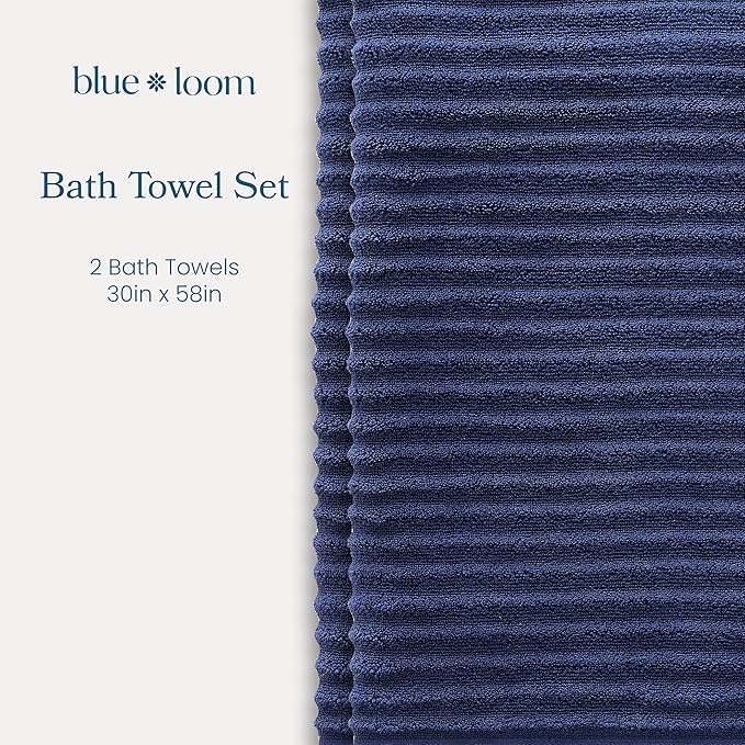 Blue Loom Ribbed Bath Towels Set, 100% Cotton 600 GSM, Soft Absorbent Durable Quick Drying 2 Bath Towels for Bathroom - Mason Set of 2 Navy (58" x 30" Inch)