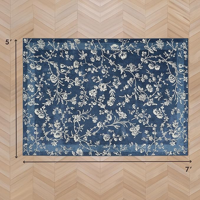 Laura Ashley Dark Navy Aria Floral Border Machine Washable & Slip Resistant 5' x 7' Area Rug