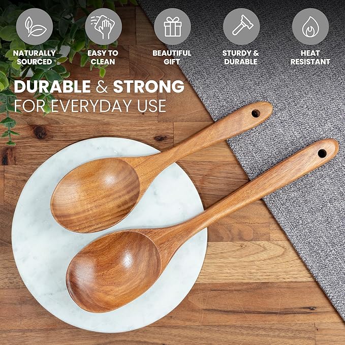 Zulay Kitchen Teak Wood Utensil Set – 2 Piece Large and Small Wooden Cooking Spoons, Handcrafted Natural Teak Wood Kitchen Utensils, Durable, Nonstick Safe & Smooth Finish