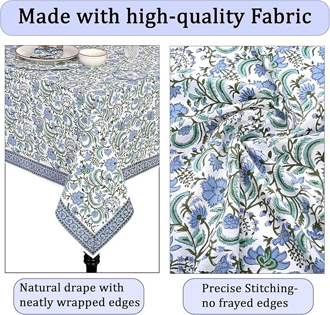 Ridhi Columbia Blue Hand Block Print Cotton Rectangle Tablecloth 118" x 70" inches Reusable Table Cover Decorative Everyday Use for Dining, Farmhouse, Home, Party, Festive, Wedding, Fall