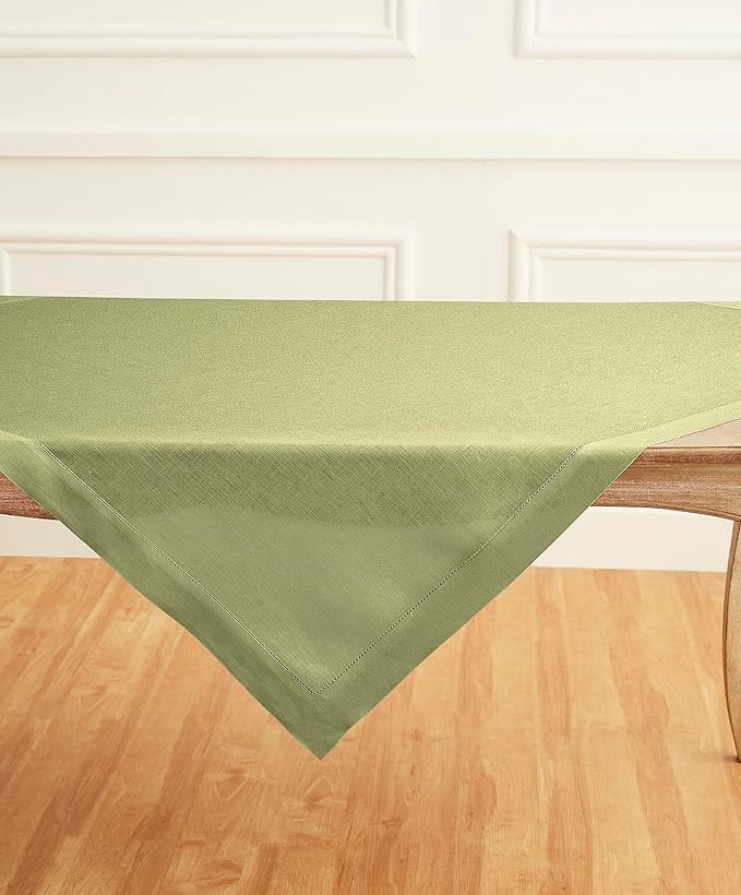 Solino Home Square Linen Tablecloth 52 x 52 Inch - 100% Pure Linen Moss Green Table Throw - Classic Hemstitch, Machine Washable Table Cloth for Winter