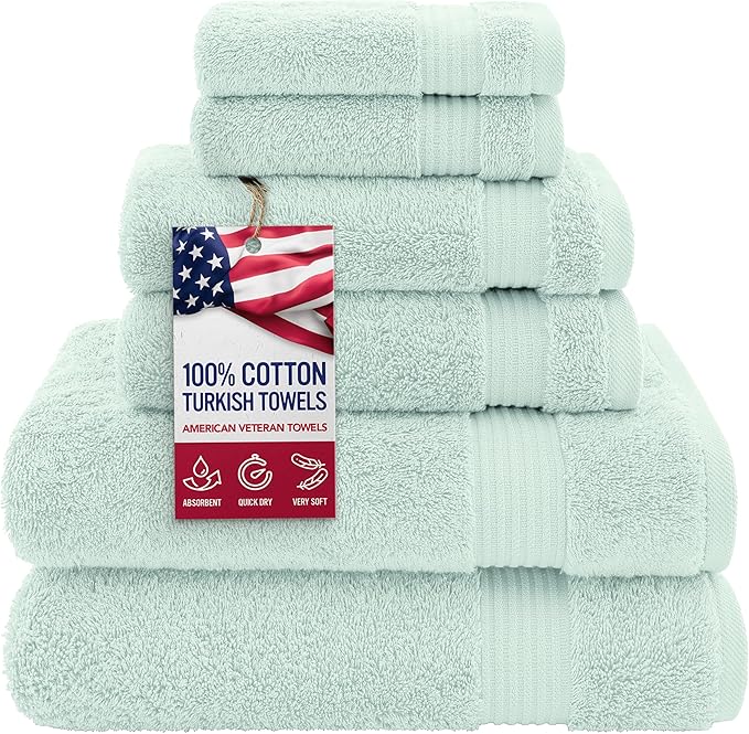 American Veteran Towel, 100% Cotton Turkish 6 Piece Towel Set, Luxury Towels Set of 6 for Bathroom Essentials, 2 Bath Towel 2 Hand Towel 2 Washcloth, Mint Green