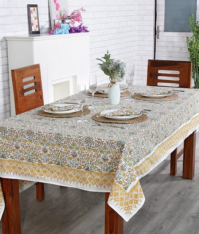 Ridhi Goldenrod Yellow Hand Block Print Cotton Rectangle Tablecloth 140" x 72" inches Reusable Table Cover Decorative Everyday Use for Dining, Farmhouse, Home, Party, Festive, Wedding, Fall