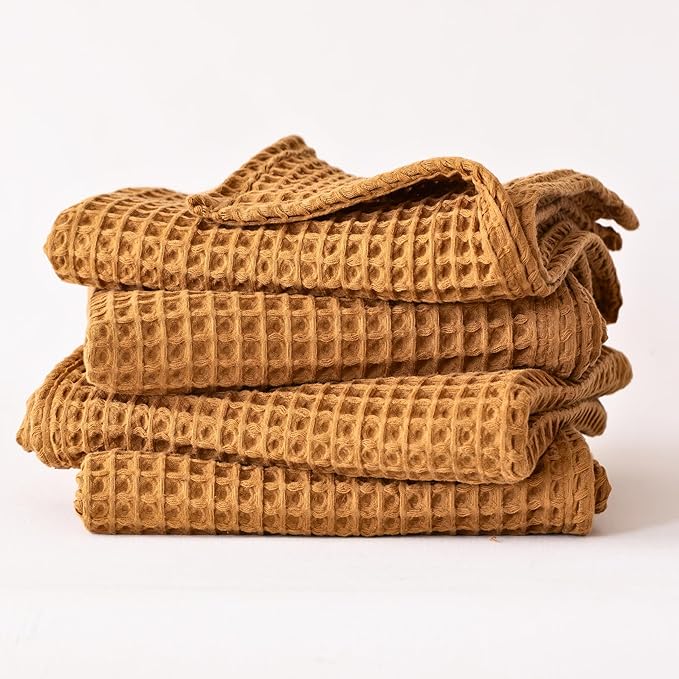Premium Waffle Hand Towels Pack of 4 Extra Large 20x35 inch - 100% Turkish Cotton, Waffle Weave, Quick Dry, Lint Free, Super Absorbent, Thin Hand Bath Towel (Caramel, Set of 4 Hand Towels)