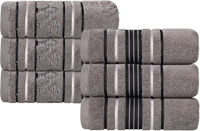 Superior Cotton Hand Towel Set, Small Towels, Plush Soft Absorbent Bathroom Basics, Home Essentials, Spa, Salon, Hotel, Kitchen, Luxury Quick Drying, Zero Twist, Assorted Design, Set of 6, Charcoal