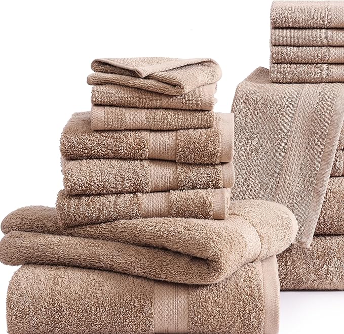 LANE LINEN 100% Cotton Bath Towel Set, 18PCs - 4 Shower Towels, 8 Washcloths, 6 Hand Towels for Bathroom - Sustainably Produced & Oeko-Tex Certified, Pet Friendly & Ultra Absorbent - Taupe