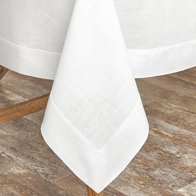D'Moksha Homes White Tablecloth 60 x 108 Inch - 100% Pure Linen Rectangular Tablecloth - Machine Washable Table Cloth for Winter, Holiday, New Year