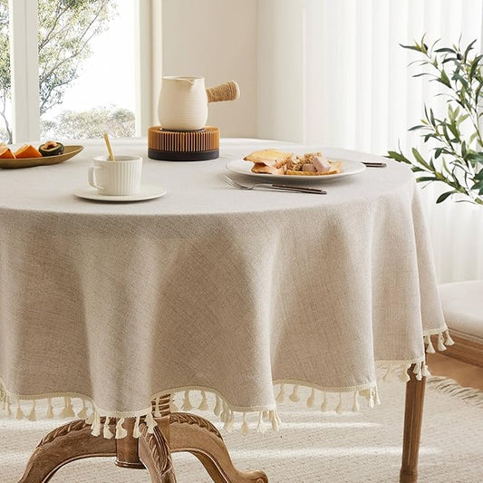 Linen Tablecloth with Tassels, Farmhouse Style Beige Tablecloth, Water Resistant Burlap Tablecloths for Round Table, 60 Inch Round Natural