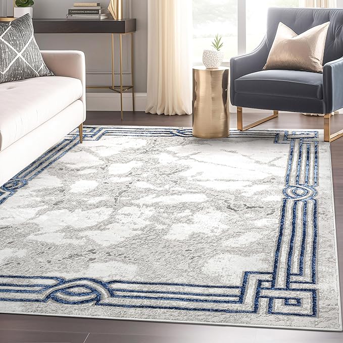 Well Woven Lezlee Abstract Modern 5'3" x 7'3" Area Rug - Blue Marble Border - for Living Room, Dining Room, Bedroom