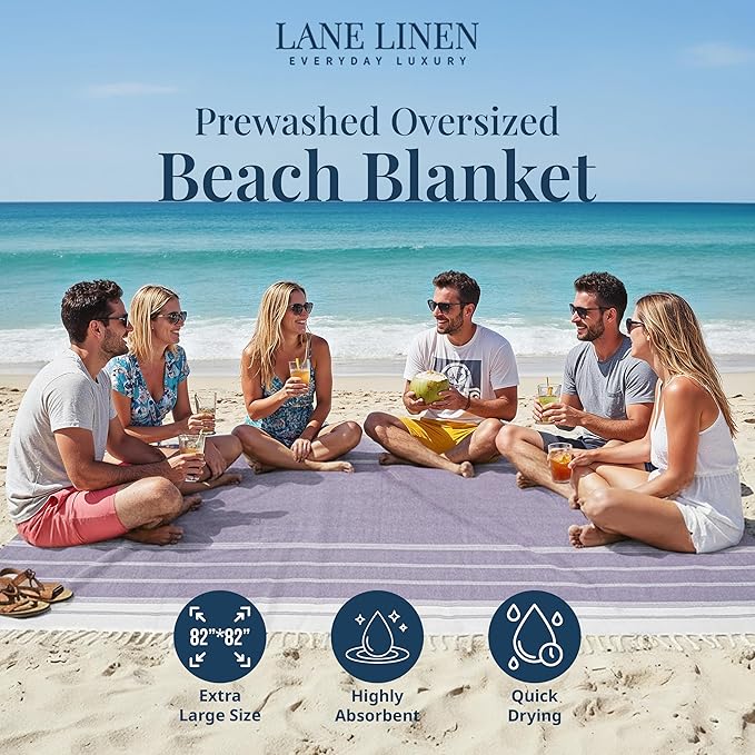 LANE LINEN Outdoor Blanket for Beach Necessities - Large Outdoor Blanket with Soft Pre-Washed, Diamond Weave Design (82"x82"), Beach Supplies for Summer Vacation, or Road Trips – Day Break