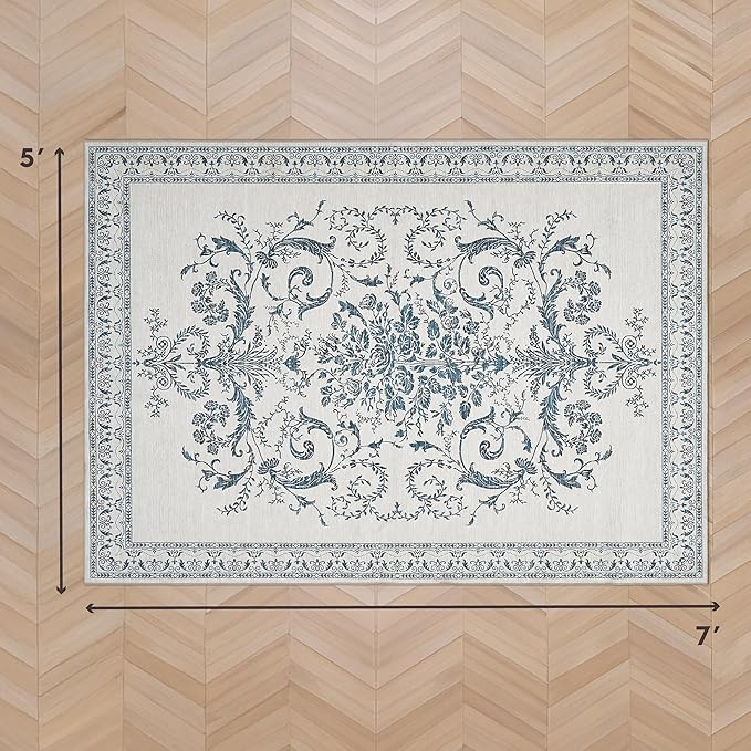 Laura Ashley Sea Spray Blue Josette Medallion Machine Washable & Slip Resistant 5' x 7' Area Rug