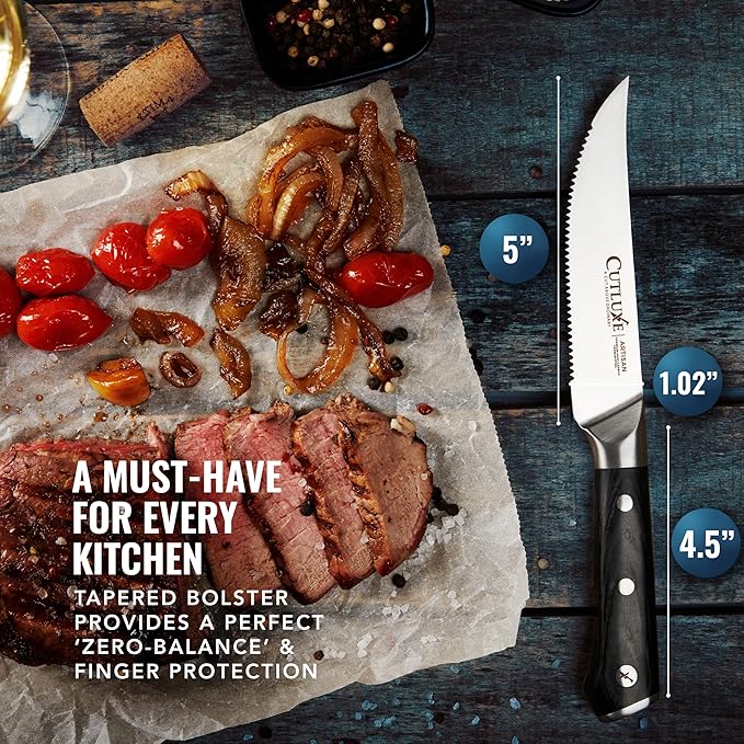Cutluxe Steak Knives Set of 4, Serrated Steak Knives – Forged High Carbon German Steel, Full Tang, Ergonomic Handle Design – Artisan Series