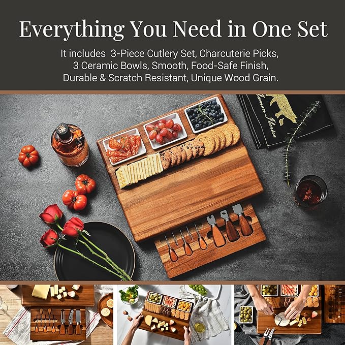 Shanik Large Acacia Wood Charcuterie Board Set with 3 Removable Ceramic Bowls & Serving Utensils - Housewarming, Wedding, Bridal Shower, Home and Kitchen, New Home Gift Ideas for Women, Gifts for Her