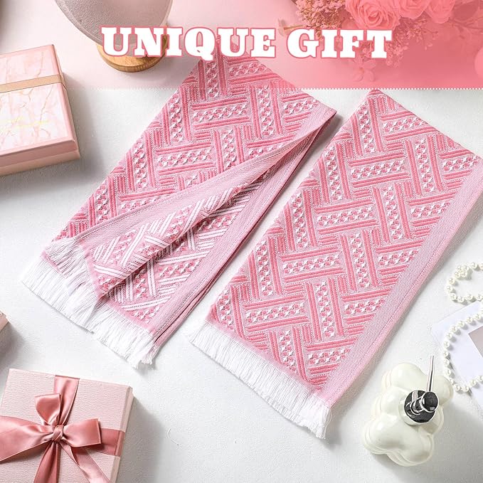 4 Pack Boho Bathroom Hand Towel 14 x 30 Inch 100% Turkish Cotton Decorative Boho Kitchen Hand Towel Farmhouse Bathroom Decor Set Absorbent Soft Guest Tea Gift(Pink,White)