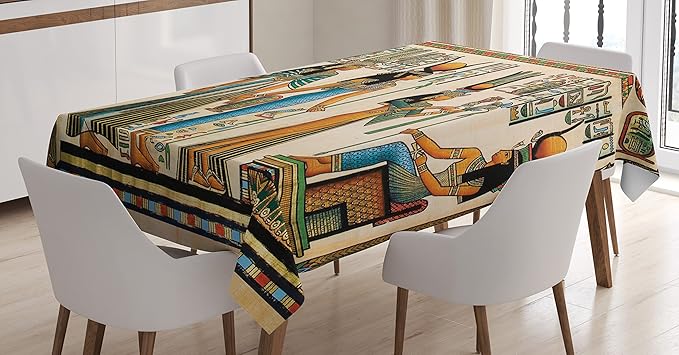 Ambesonne Egyptian Print Tablecloth, Egyptian Papyrus Depicting Queen Nefertari Making an Offering to Isis Image, Rectangular Table Cover for Dining Room Kitchen Decor, 52" X 70", Teal Orange