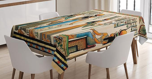 Ambesonne Egyptian Print Tablecloth, Egyptian Papyrus Depicting Queen Nefertari Making an Offering to Isis Image, Rectangular Table Cover for Dining Room Kitchen Decor, 52" X 70", Teal Orange