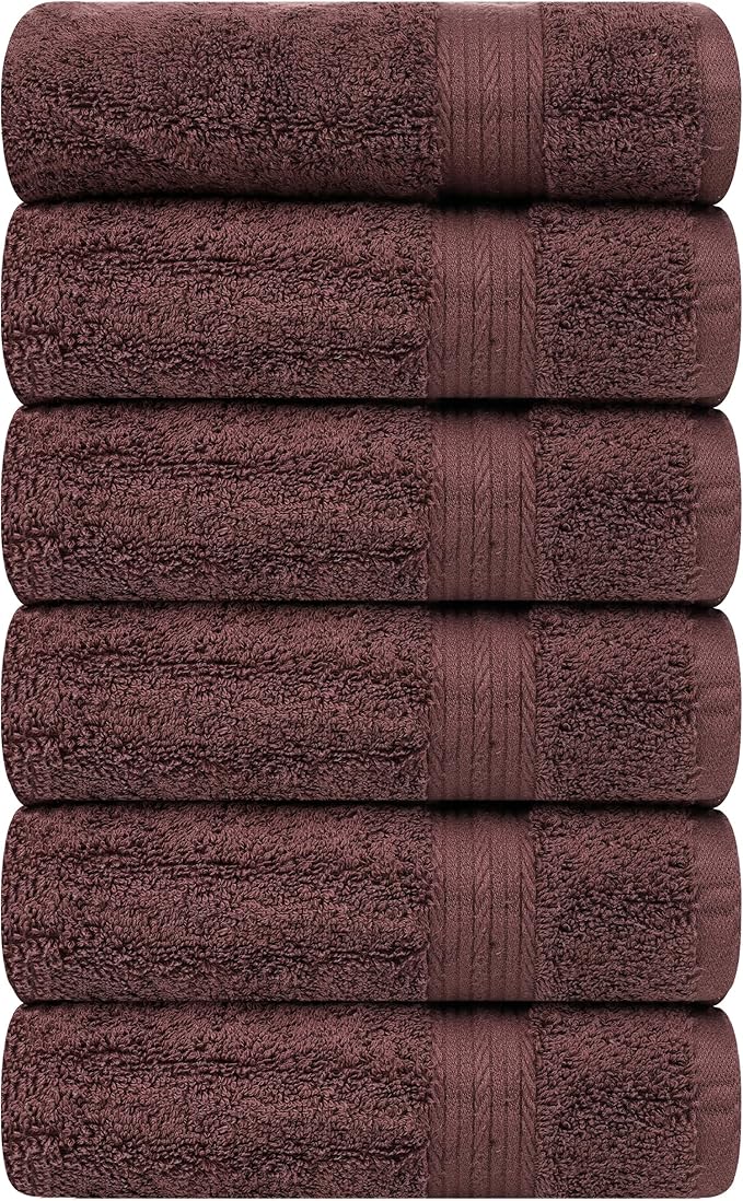 Ample Decor Bathroom Hand Towel 18 X 28 Inch 600 GSM 100% Cotton, Soft Absorbent - 6 Pcs Brown